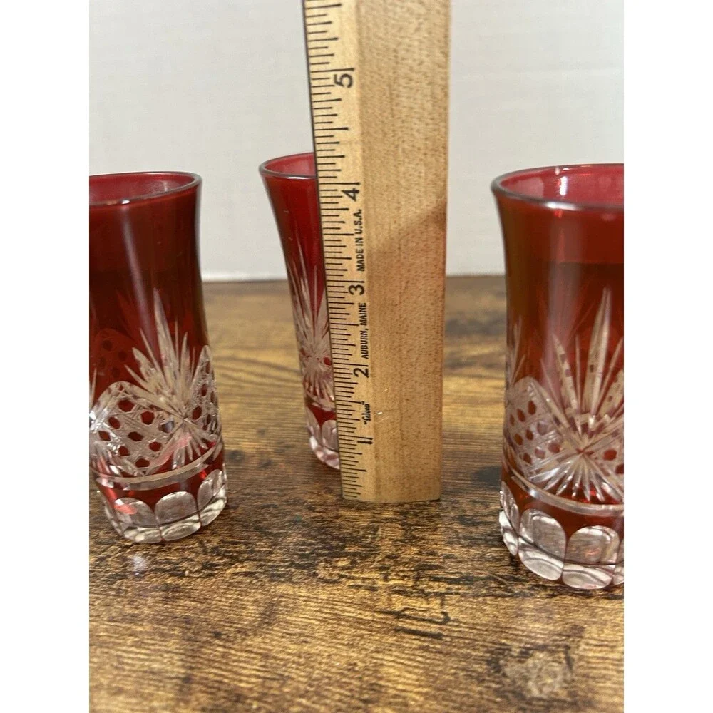 Lot Of 3 Vintage Ruby Cut To Clear Cordial Glasses Candle Holder Decor Displays